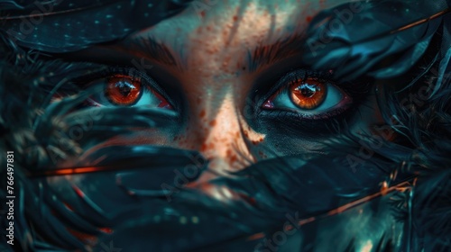 Close up of a woman's face with striking red eyes. Perfect for Halloween-themed designs