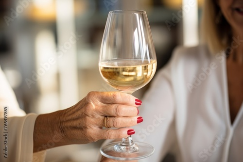 Close-up of a woman holding a glass of white wine