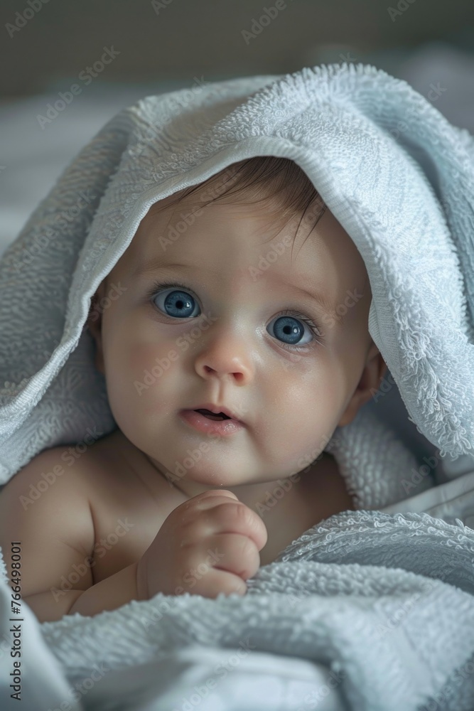 Infant bundled in blanket on cozy bed, ideal for baby product promotions Infant bundled in blanket on cozy bed, ideal for baby product promotions