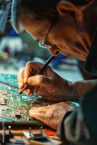 A man is focused on repairing a circuit board. Suitable for technology and repair concepts