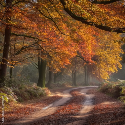 Country road through autumn forest with colorful trees