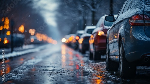 Snowy street with parked cars © Adobe Contributor
