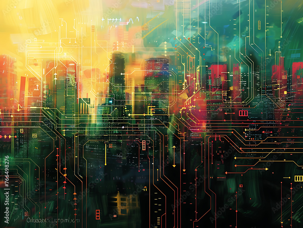 Fototapeta premium Cityscape Reflection on Abstract Geometric Surface in Pastel Colors