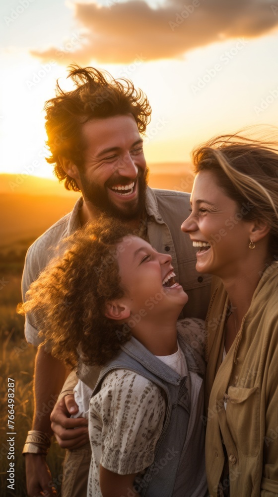 Happy family of three laughing together in the golden hour of sunset