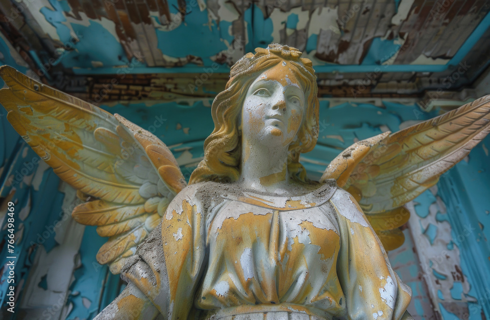 A serene angel statue in a weathered room, suitable for interior design projects