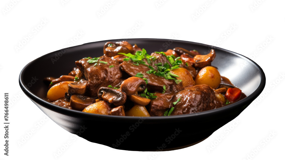 A black bowl brimming with a delicious blend of meat and assorted vegetables A black bowl brimming with a delicious blend of meat and assorted vegetables