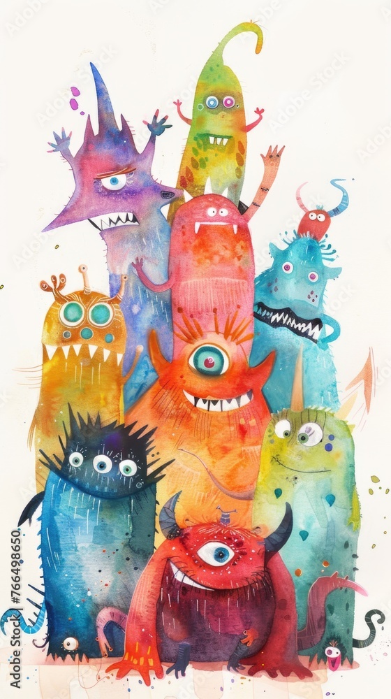 Whimsical watercolor portrayal of cartoon monsters, set on white