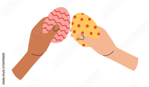 Hands Knocking Easter Eggs. Happy Easter. Spring holiday. Traditional egg fight game celebrating spring religious holidays. Vector illustration in flat hand drawn style