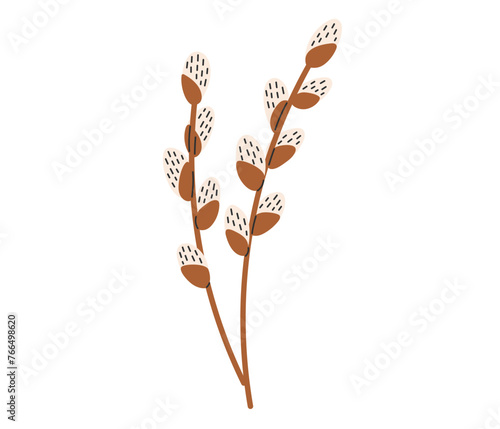 Easter spring twigs blossom pussy willow tree.  Happy Easter. Spring holiday. Vector illustration in flat hand drawn style 