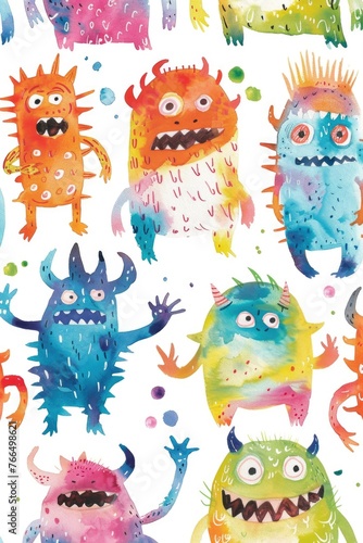 Whimsical watercolor monsters  playful and vibrant  set against white