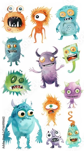 Whimsical watercolor portrayal of cartoon monsters, set on white © Pungu x