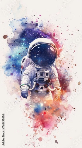 A chibi astronaut in watercolor, exploring the vast space, against white