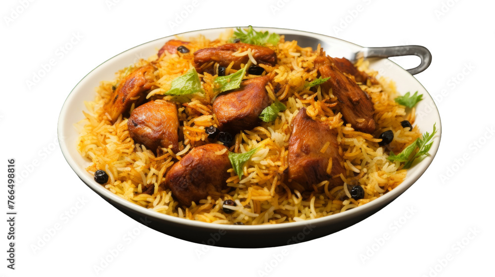 White bowl piled high with tender chicken pieces and flavorful rice, showcasing a delicious meal ready to be enjoyed White bowl piled high with tender chicken pieces and flavorful rice, showcasing a delicious meal ready to be enjoyed