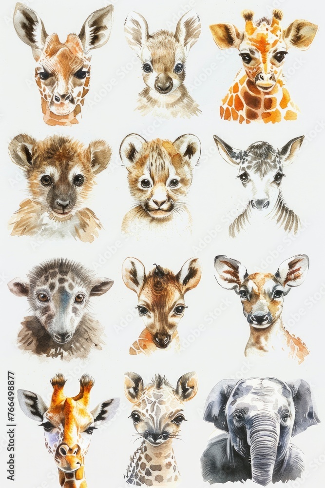 Captivating watercolor portrayals of zoo animals, assorted cutely on white