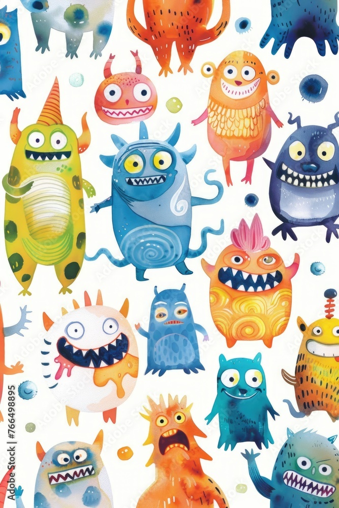 Cartoon monsters in a playful watercolor style, arranged randomly on white Cartoon monsters in a playful watercolor style, arranged randomly on white
