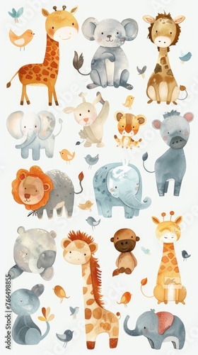 A whimsical array of zoo animals, depicted in watercolor cuteness on white photo