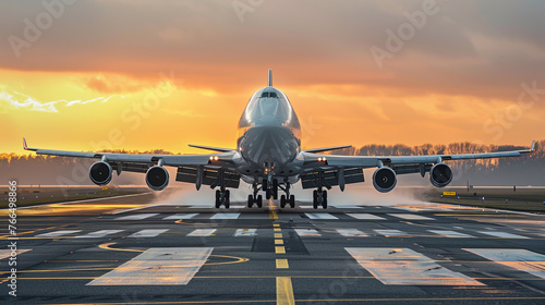 Photo of an airplane taking off from the airport runway at sunset, with a beautiful sky in the background. photo
