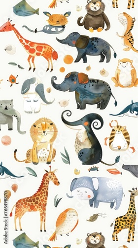 A whimsical array of zoo animals, depicted in watercolor cuteness on white photo