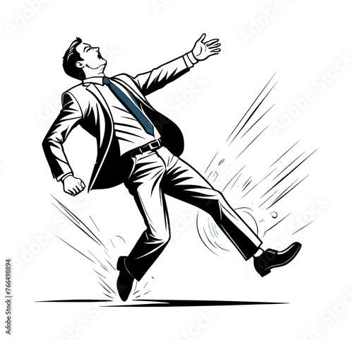Vintage style vector of a businessman slipping and falling, adding humor to unexpected situations