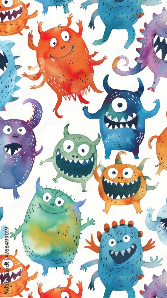 Cheerful cartoon monsters in watercolor, scattered randomly on white Cheerful cartoon monsters in watercolor, scattered randomly on white