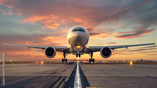 A photo of an airplane taking off from the runway at dawn,