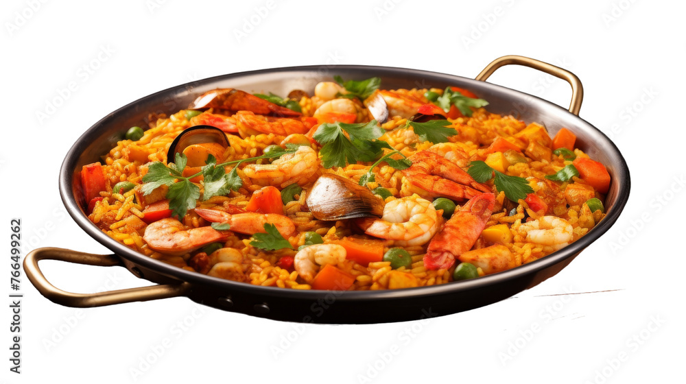 A skillet brimming with juicy shrimp and fluffy rice, sizzling and seasoned to perfection A skillet brimming with juicy shrimp and fluffy rice, sizzling and seasoned to perfection