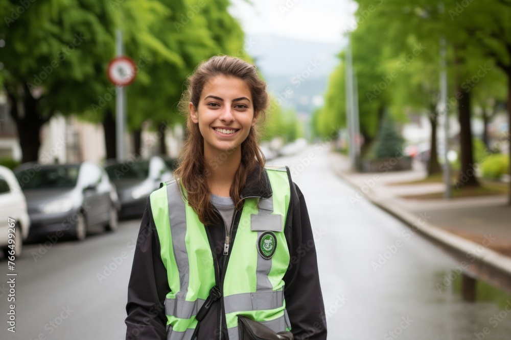 Fototapeta premium Portrait of a young woman wearing a green vest