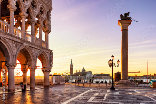 Beautiful sunrise view of Doge's Palace (Palazzo Ducale), Lion of Saint Mark and piazza San Marco in Venice, Italy. Sunrise cityscape of Venice.