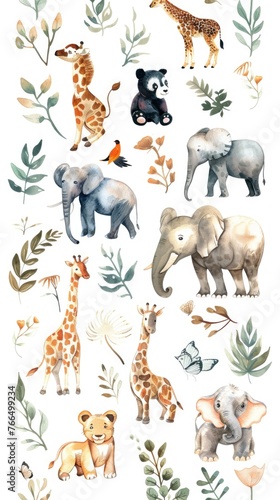 Enchanting zoo animals in playful watercolor scenes  elegantly set on white