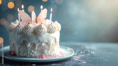A festive birthday cake with white frosting and candles, perfect for celebrations