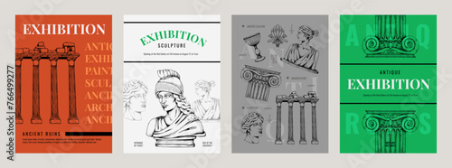 Greek posters. Rome and Greece art. Ancient statues. Museum exhibition. Athens marble column and gods sculpture for retro mythology. Antique monument. Vector gallery flyers design set