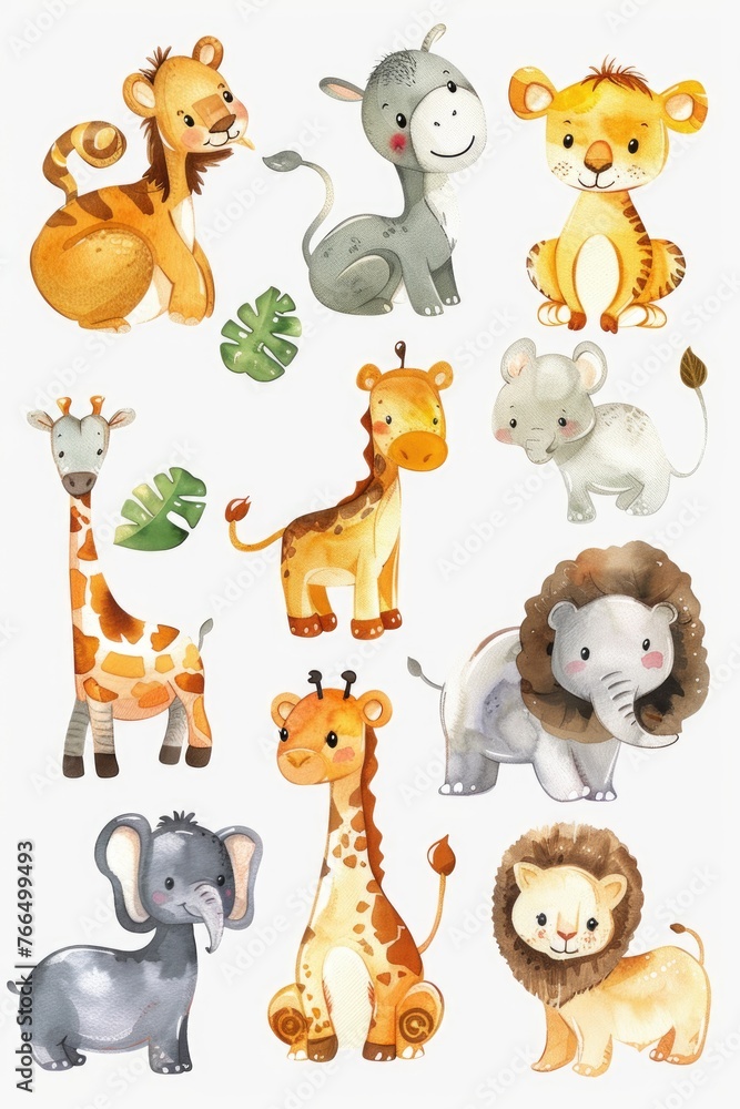 Random assortment of cute zoo animals, painted in watercolors on a white base