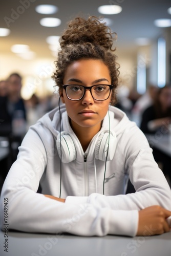 Portrait of a young female student wearing glasses and headphones photo
