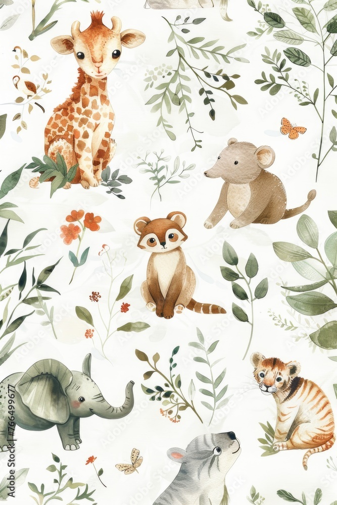 Softly painted zoo animals in cute, random settings, showcased on white