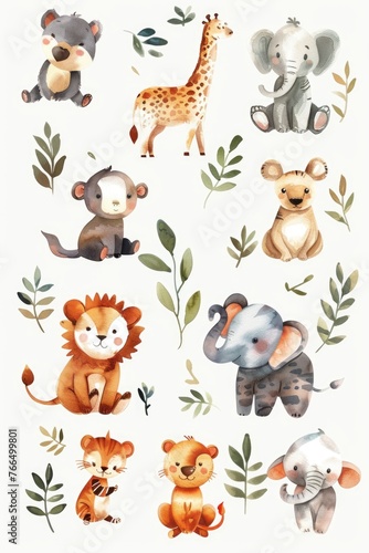 Watercolor art of adorable zoo animals in varied scenes on a pure white background © Pungu x