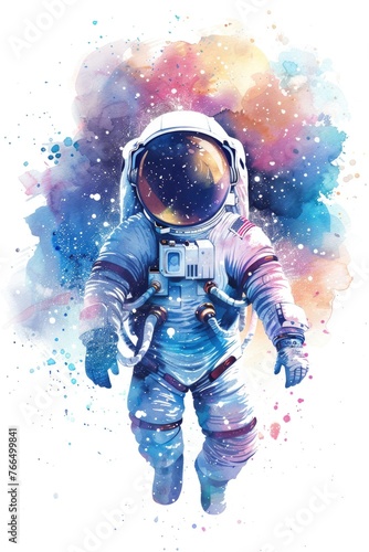 Watercolor chibi astronaut, serenely floating in space, showcased on white