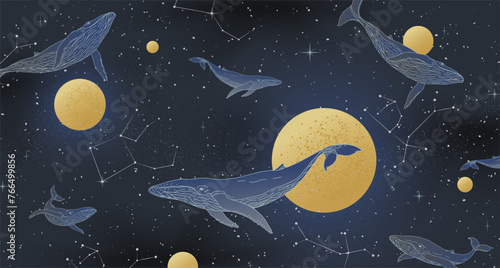 Line whale. Ocean sea fish, geometric animal pattern or modern art, yellow ink golden moon, stars and space on background, nature fantasy print. Vector illustration wallpaper design