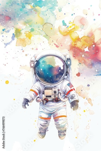 Watercolor portrayal of a chibi astronauts serene space float, on white