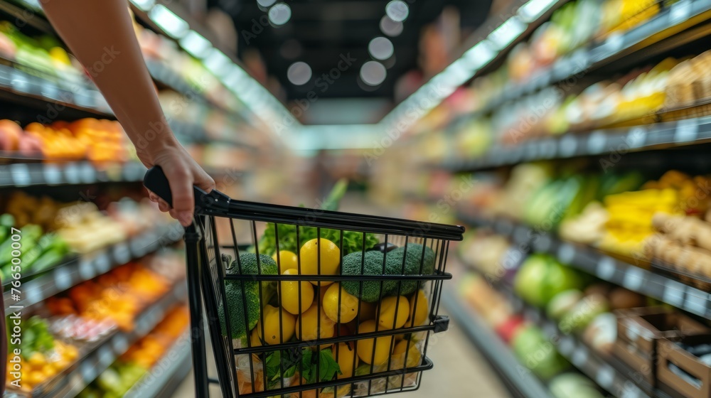 A person pushing a shopping cart full of fruits and vegetables in a grocery store