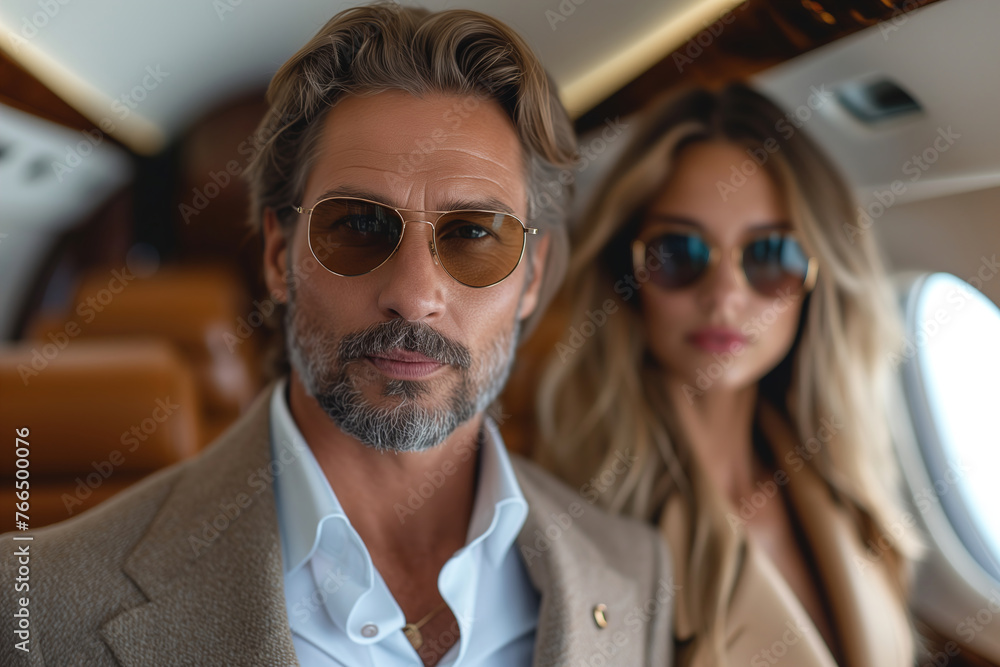 Elegant man and woman inside a private jet Elegant man and woman inside a private jet