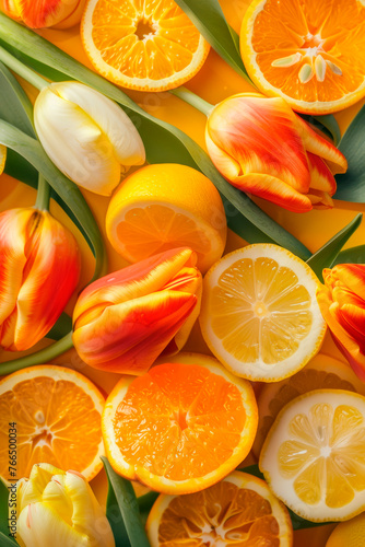 Unique texture of orange, lemon and tulips photo