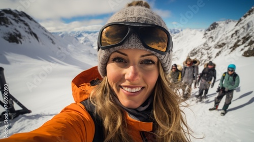 Young woman with blonde hair smiling and wearing ski goggles and an orange jacket posing for a selfie with a group of friends in the background on a snowy mountain