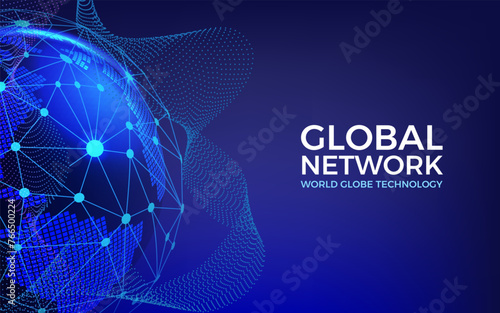Earth map. World globe, global digital network technology, planet data tech science, blue lights. Web banner, glowing map. Worldwide online connection background. Vector abstract graphic