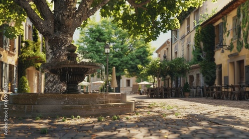 A picturesque fountain in the middle of a charming cobblestone street. Ideal for urban and travel concepts
