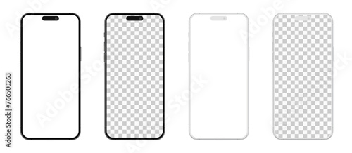 Smartphone mockup with blank white and transparent screen, detailed mobile phone mockup, model 3D mobile phone, ui ux, black and white models smartphone front view photo