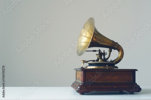 Vintage gramophone on a wooden table, suitable for music or nostalgia concepts