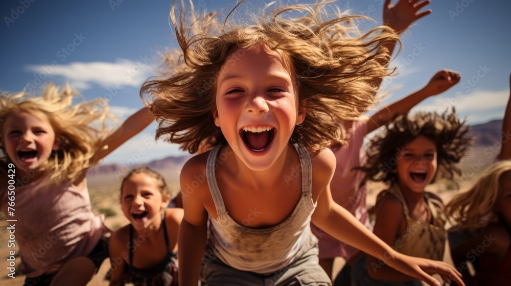 Ecstatic children jumping in the desert