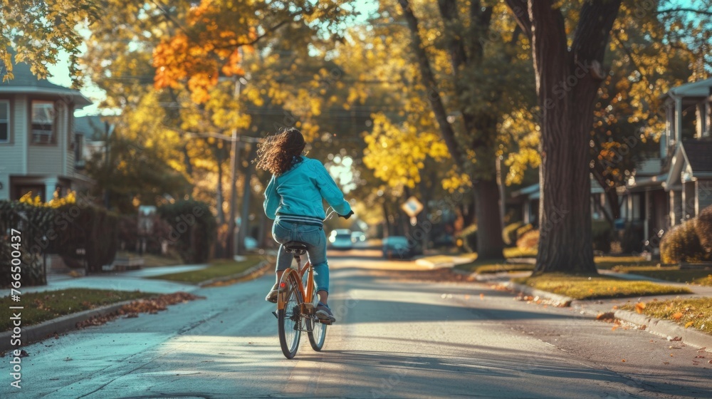 A girl riding a bicycle down the street