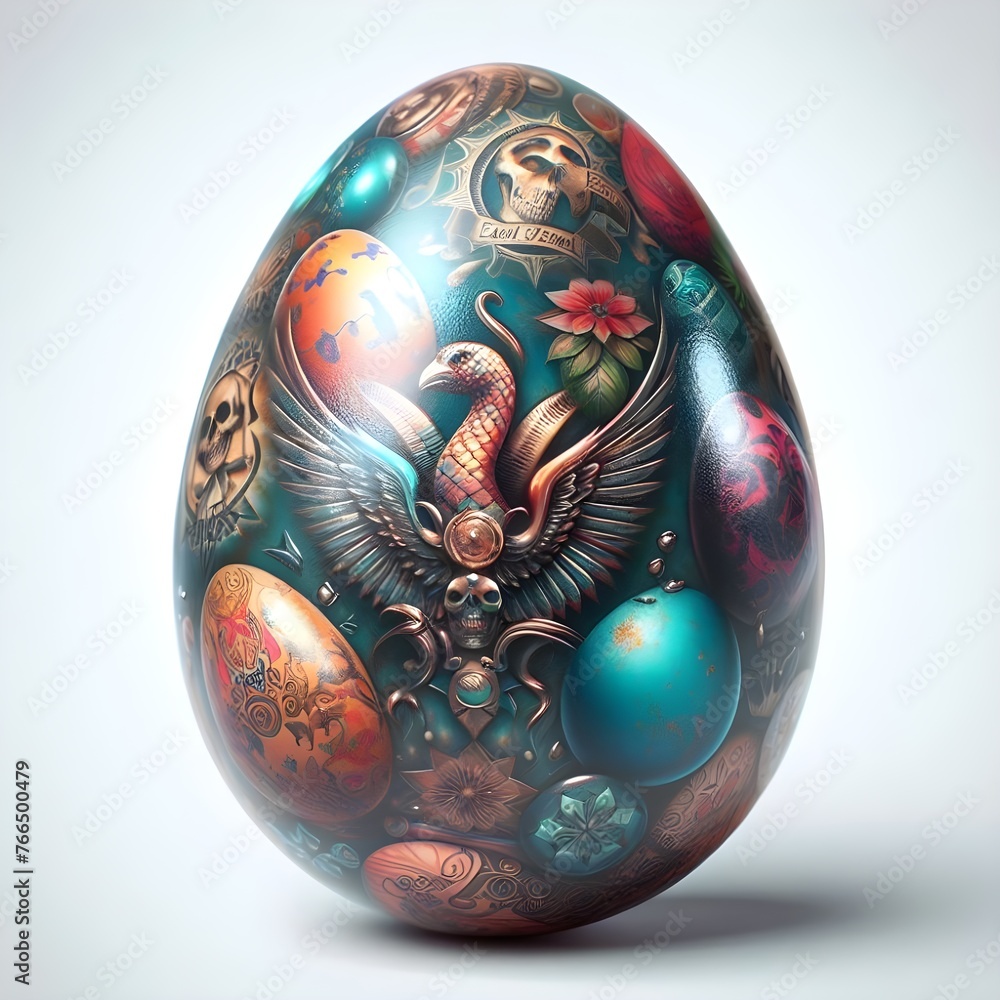 Happy Easter, illustration Easter Eggs covered in a variety of hyperrealistic shiny 3D tattoo images Happy Easter, illustration Easter Eggs covered in a variety of hyperrealistic shiny 3D tattoo images