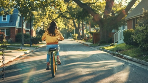 A girl in a bright jacket and jeans rides a yellow bicycle. © Dusko